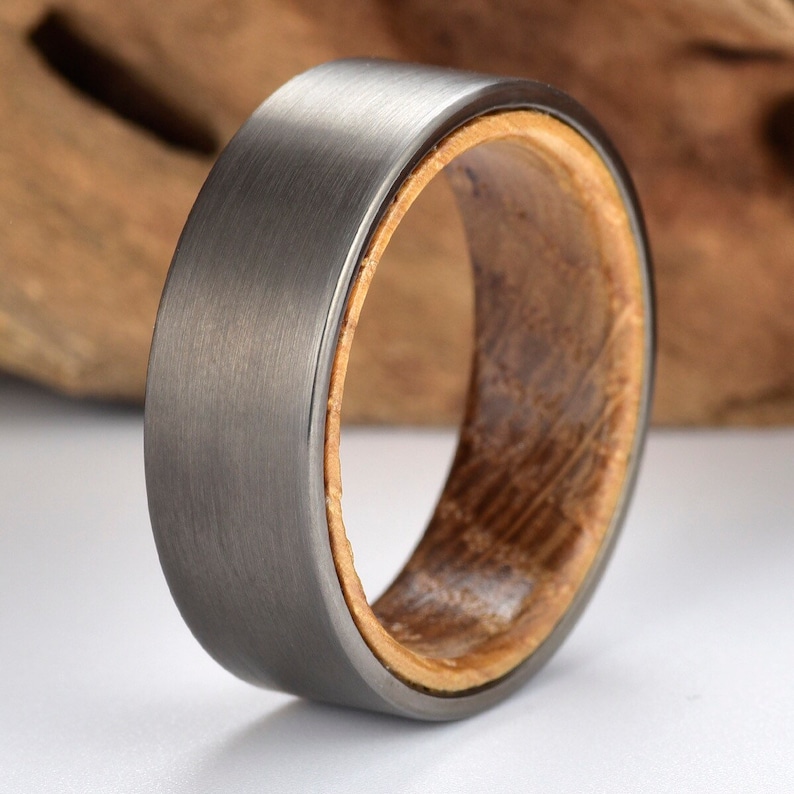 Whisky Barrel Wood Mens Wedding Ring Gun Metal Grey