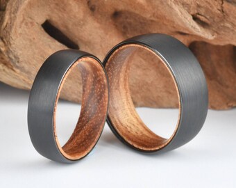 Couples Matching Wedding Ring Set Crafted in Koa Wood, Black Tungsten with a Rounded Profile, Comfort Fit, Available in 4mm and 8mm Widths