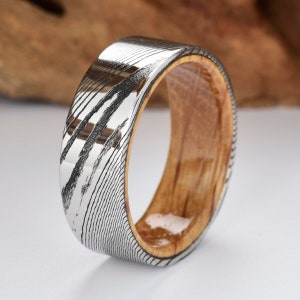 Rings By Pristine Mens Wedding Band, Damascus Steel, Whiskey Barrel Wood, 8mm Wide, Flat Band