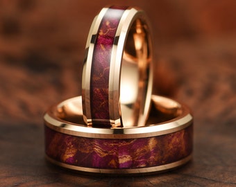 Purple Box Elder Wood Wedding Band, Rose Tungsten Wedding Band, Mens Wedding Ring, Box Elder Wood Ring, Wooden Ring, Mens Ring, Purple Ring