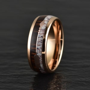 Rose Tungsten Koa Wood Antler, Mens Wedding Band, Natural Materials, Rings By Pristine