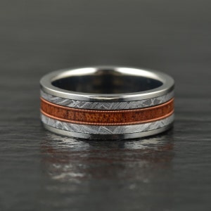 Meteorite & Whiskey Barrel Wood Guitar String Titanium Mens Wedding Band Titanium Band, Mens Wedding Ring, Genuine Meteorite Ring