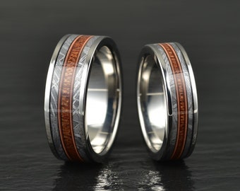 Meteorite Titanium Ring Whiskey Barrel Wood  Inlay Men's Meteorite Wedding Band Titanium Band Men's Wedding Ring Wedding Ring with Meteorite