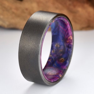 Purple Box Elder Wood Wedding Band, Gunmetal Grey Tungsten Wedding Band, Mens Wedding Ring, Box Elder Wood Ring, Wooden Ring, Mens Ring,