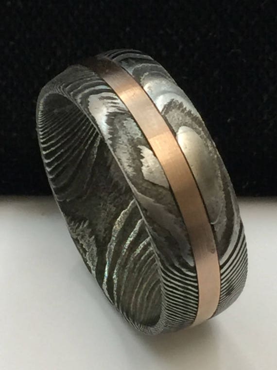 Whisky Barrel Wood Mens Wedding Ring Twist Damascus Steel Mens Ring Bo