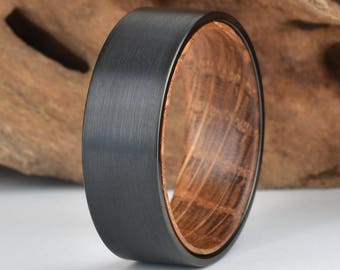 Whisky Barrel Wood Mens Wedding Ring Black Tungsten Wood Ring Lined with Whisky Barrel White Oak Mens Wedding Band Rings By Pristine