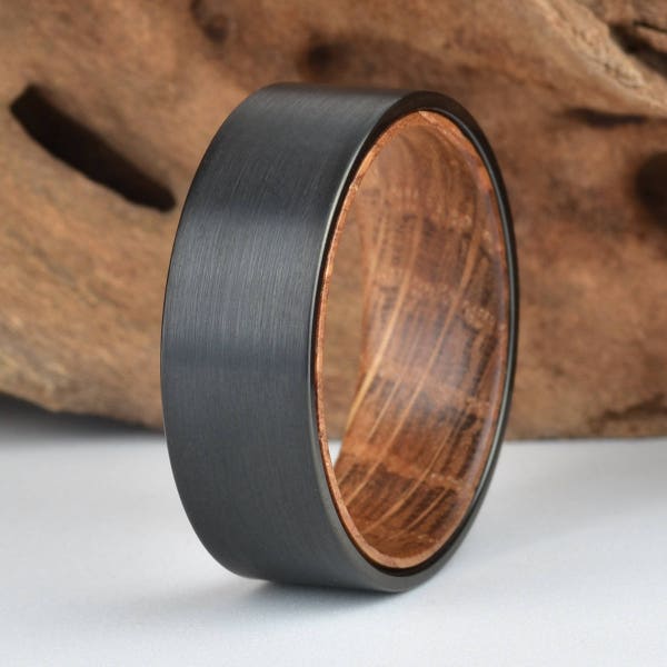 Whisky Barrel Wood Mens Wedding Ring Black Tungsten Wood Ring Lined with Whisky Barrel White Oak Mens Wedding Band Rings By Pristine