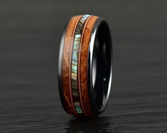 Whiskey Barrel Wood Abalone Shell Guitar String Black Ceramic Ring Mens Wedding Band Custom Rings By Pristine