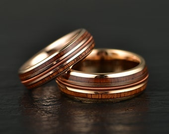 Hawaiian Koa Wood and guitar String ring, rose ring, tungsten ring, guitar string ring, musician ring, guitarist ring, wooden wedding ring