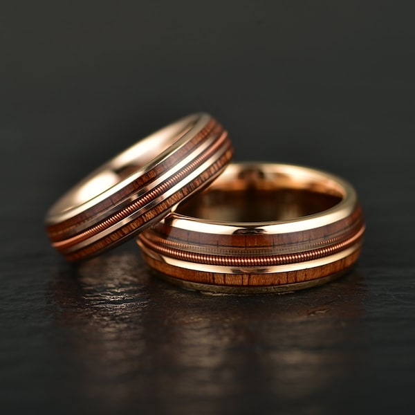 Hawaiianische Koa Holz und Gitarre Ring, rose Ring, Wolfram Ring, Gitarre Ring, Musiker Ring, Gitarrist Ring, Ehering aus Holz