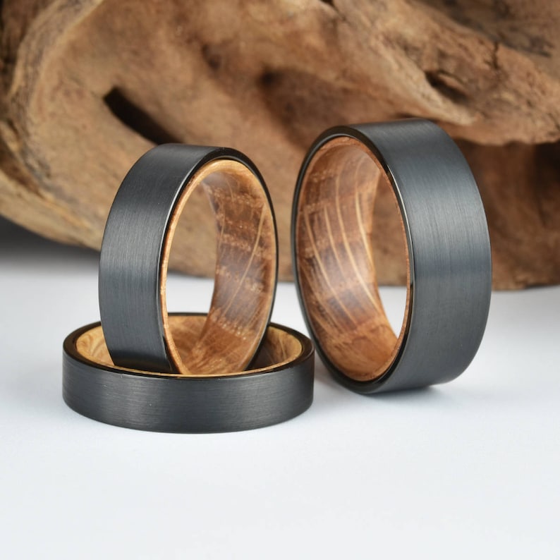 Whisky Barrel Wood Mens Wedding Ring Black Tungsten Wood Ring Etsy
