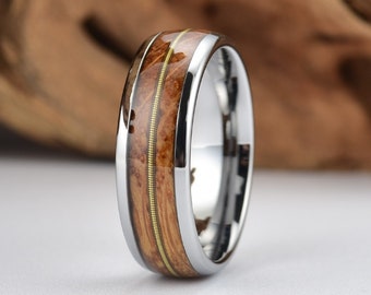 Whiskey Barrel Wood Mens Wedding Ring Guitar String Tungsten Wood Ring Lined with Whiskey Barrel White Oak Mens Wedding Band