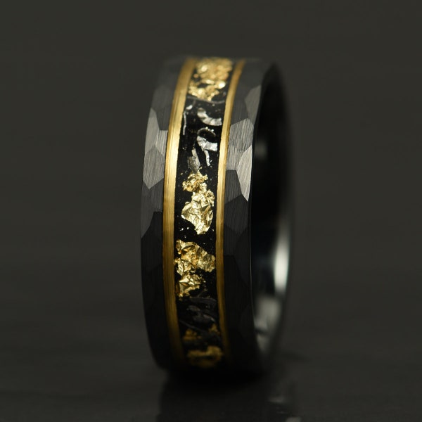 Mens Meteorite Ring Hammered Gold Leaf, Black Hammered Mens Wedding Band, Hammered Brushed Tungsten Ring, Mens Ring, Crushed Meteorite Ring