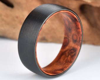 Rosewood Burl Tungsten Wedding Band, Wood Ring, Mens Wedding Ring, Tungsten Ring, Mens Wood Band, Wood Ring, Burl Wood Ring,Black Mens Ring