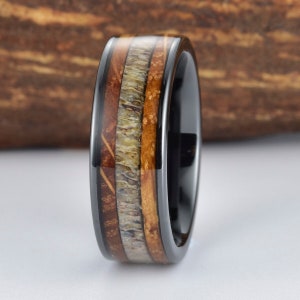 Whisky Barrel Wood Antler Black Ceramic Ring Mens Wedding Band Custom Rings By Pristine