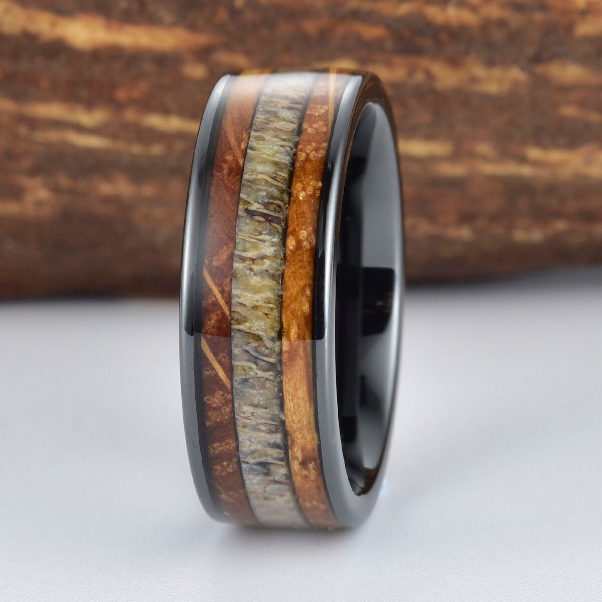 Whisky Barrel Wood Antler Black Ceramic Ring Mens Wedding Band Etsy Whisky Barrel Wood Antler Black Ceramic Ring Mens Wedding Band Etsy