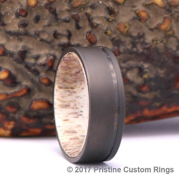 Antler Titanium Mens Wedding Band Gun Metal Grey Band Antler Sand Blasted Ring Mens Wedding Ring Custom Rings By Pristine