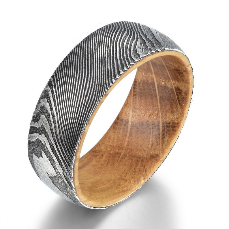 Whisky Barell Wood Mens Wedding Ring Damascus Steel Wood Comfort Fit Ring Rings By Pristine image 4