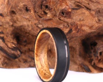 Anillo de boda de madera de Koa, banda de boda de titanio, anillo de madera, banda de boda para hombres, anillo de titanio negro, anillo de boda de madera de Koa, arenado, anillo