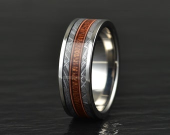 Whiskey Barrel Wood, Muonionalusta Meteorite and Rose Guitar String, Men's Wedding Band, Flat Profile Tungsten Body and Comfort Fit Interior