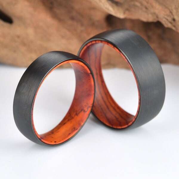 Mens Ring Crafted in Black Tungsten with a Cocobolo Wood Sleeve, Comfort Fit Band, Rounded Profile, 6mm or 8mm Width, Brushed Finished