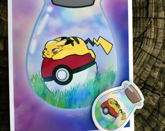 Impression brillante de Pikachu dans une bouteille et autocollant en vinyle holographique (livraison gratuite)