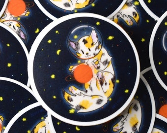 Cute Cat causing Chaos in Space by Playing w Yarn Ball Planet Sticker | Calico Kitty |Astronaut Stars Fun, kawaii cat art