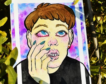 Exceptionally Over This Original Watercolor mixed media painting, approx. 6 3/4x10" FREE SHIPPING, Body horror imagery, facial distortion