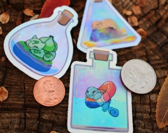 Choisissez votre entrée dans une bouteille Squishy Pokemon première génération Bulbizarre Charmander Squirtle autocollant en vinyle holographique, Cutie Alert