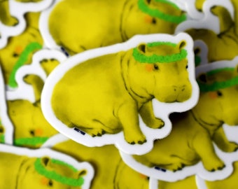 Sticker couronne de fleurs hippopotame mignon, art bébé hippopotame, autocollant animal, autocollant hippopotame, art hippopotame, autocollants mignons, laminé, bébé hippopotame mignon