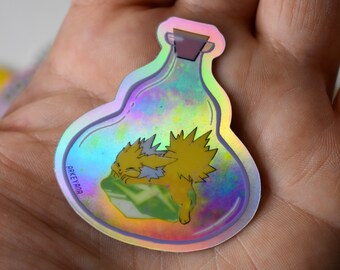 Jolteon in a Bottle Cute Pokemon Holographic Vinyl Sticker, Cute Jolteon Art sticker, lightning in a bottle, eeveelution, Terrarium Monster