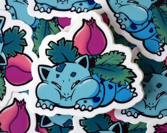 Cute Squish Face Ivysaur art, frog onion Pokemon, Kawaii Sticker, Grass Pokemon, Sleepy, Nap art, Chubby | Laminated Sticker, Happy Plant