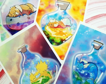Squish Face Pokémon dans une bouteille ft. Evoli, Flareon, Jolteon et Vaporeon. Art Evoli, Art Vaporeon, Art Flareon, Art Jolteon, Eeveelution