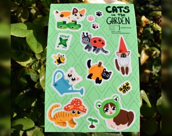 Feuille d'autocollants chats dans le jardin, vinyle mat, mignon amusant pour les agendas, journaux, stylos, scrapbooking, chats kawaii, taille 4 x 6 po