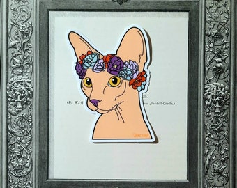 Cute cat sticker, sphynx cat, cottagecore sticker, original art, Flower Crown Sphynx Cat {Vinyl Die Cut Sticker} (2.25"x3") Garden Cat