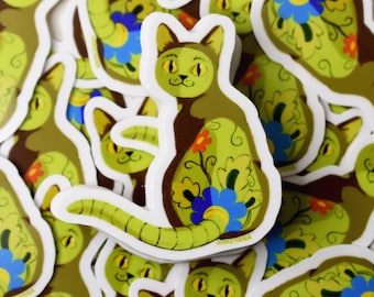 Sticker chat fleur mignon, sticker chat vert d'inspiration vintage, cadeau correspondant mignon, sticker chat kawaii, art de chat inspiré de friperie, chat de jardin