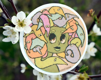 Méduse idiote en cheveux de ver magique, méduse de style dessin animé classique, chibi mythologie grecque, sticker mignon gorgone méduse, style vintage, drôle