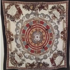 Peut inclure: Un foulard carré avec un motif de carte vintage détaillé. L'image centrale est une carte circulaire avec des cercles concentriques rouges, gris et beiges. La bordure est noire et le fond est blanc cassé. Le foulard présente des illustrations et du texte classiques.