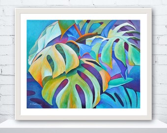 Colorful Monstera Leaves Art Print: Giclée Tropical Wall Decor