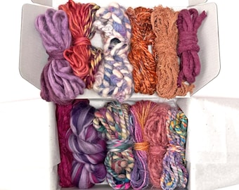 Magenta/Rust Yarn Pack for Weaving, Wool Cotton Roving Fibers (6.3 oz)