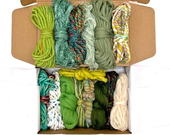 Verdant Forest Fiber Box, Weaving Yarn Pack, Wool Cotton Roving Fibers (6.2 oz)