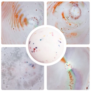May include: A white bath bomb with colorful speckles is surrounded by four square images of bubbly, colorful bath water. The water has orange, purple, and green hues, creating a vibrant and playful aesthetic. The bath bomb is the focal point.