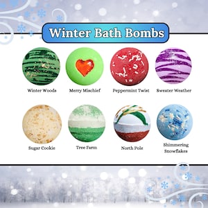 May include: Eight spherical bath bombs labeled Winter Bath Bombs. The set includes Winter Woods, Merry Mischief, Peppermint Twist, Sweater Weather, Sugar Cookie, Tree Farm, North Pole, and Shimmering Snowflakes, each featuring distinct colors and textures.