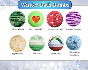 May include: Eight spherical bath bombs labelled Winter Bath Bombs. The set includes Winter Woods, Merry Mischief, Peppermint Twist, Sweater Weather, Sugar Cookie, Tree Farm, North Pole, and Shimmering Snowflakes, each featuring distinct colours and textures.