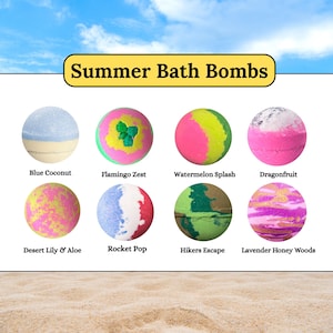 May include: An assortment of colorful bath bombs with names like Blue Coconut, Flamingo Zest, and Watermelon Splash. The image features a summer theme with a blue sky background and sand at the bottom. Text reads "Summer Bath Bombs".