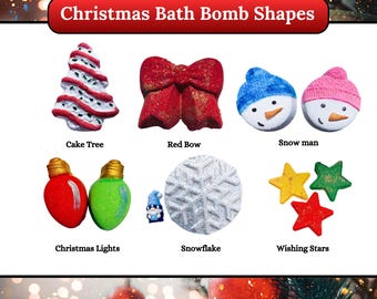 May include: A collection of Christmas bath bomb shapes labelled Christmas Bath Bomb Shapes, including a white and red cake tree, a red bow, two snowmen, red and green light bulbs, a silver snowflake with a small gnome, and three stars.