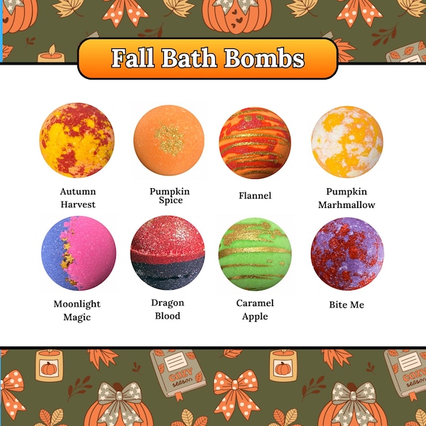 Bombes de bain XL automne/Halloween (170 g), coffret cadeau de 8 ou à l'unité. Fabriquées à la main aux États-Unis avec des ingrédients naturels pour peaux sensibles.