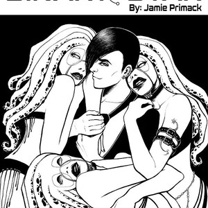 May include: Black and white comic book cover illustration featuring three figures. A man with short black hair is surrounded by two women with long, flowing hair. The title of the comic is "BINARY STAR" by Jamie Primack. The comic is volume 6.