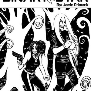 Könnte beinhalten: Schwarzweißes Comic-Cover mit dem Titel "BINARY STAR" und dem Text "By: Jamie Primack" darunter. Zwei Figuren in schwarzer Kleidung stehen in einer dunklen, wirbelnden, wässrigen Landschaft. Die Figur links hält eine Waffe.