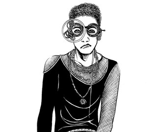 May include: Black and white illustration of a person wearing steampunk-style goggles and layered necklaces. The person is dressed in a black long-sleeved top, fishnet sleeve, and black pants. The artwork is a detailed pen and ink drawing.
